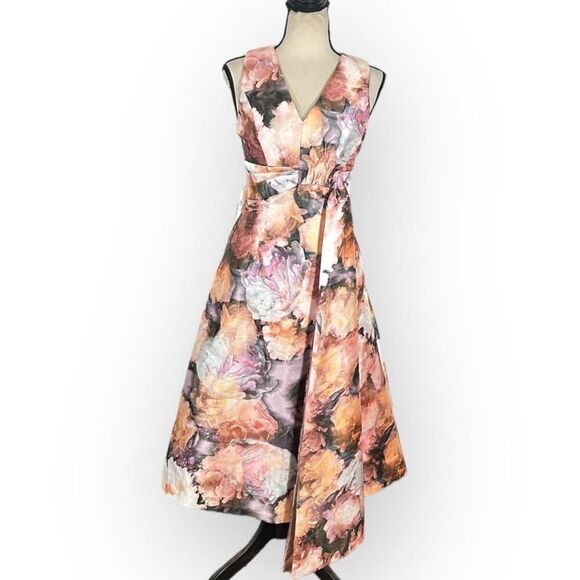 Kay Unger Lani Midi Dress Women's 0 Pink Floral A-Line Sleeveless NWT - Picture 3 of 13